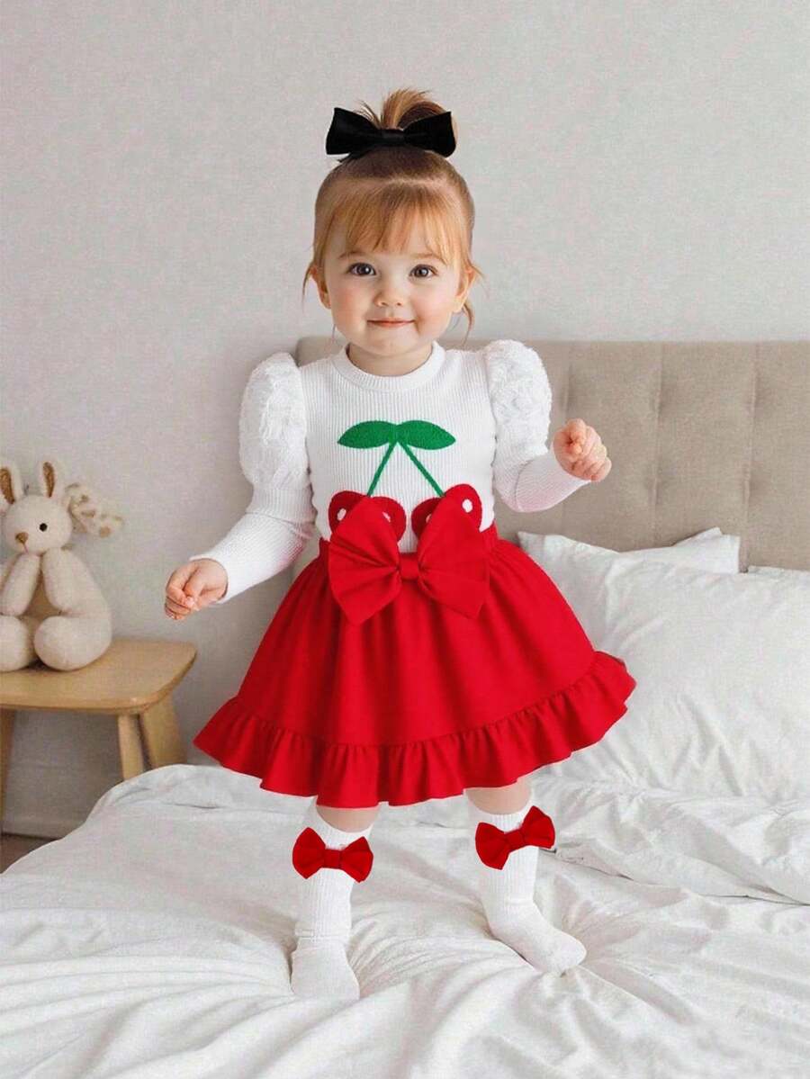 SHEIN Playful Pals 3pcs Baby Girls White Ribbed Puff Sleeve Cherry Embroidery T-Shirt, Red Bow Skirt & Matching Socks Set, Fashionable Children Autumn Outfit - White - View 1