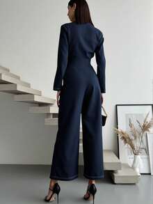 Modelyn Women's Front Button Long Sleeve Jumpsuit, Navy Blue - Blue - View 2