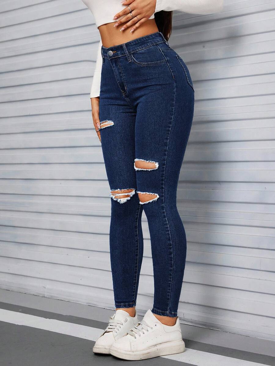 Jeanoix 黑色斜插口袋破洞紧身牛仔裤 - 深色水洗藍 - 查看 1