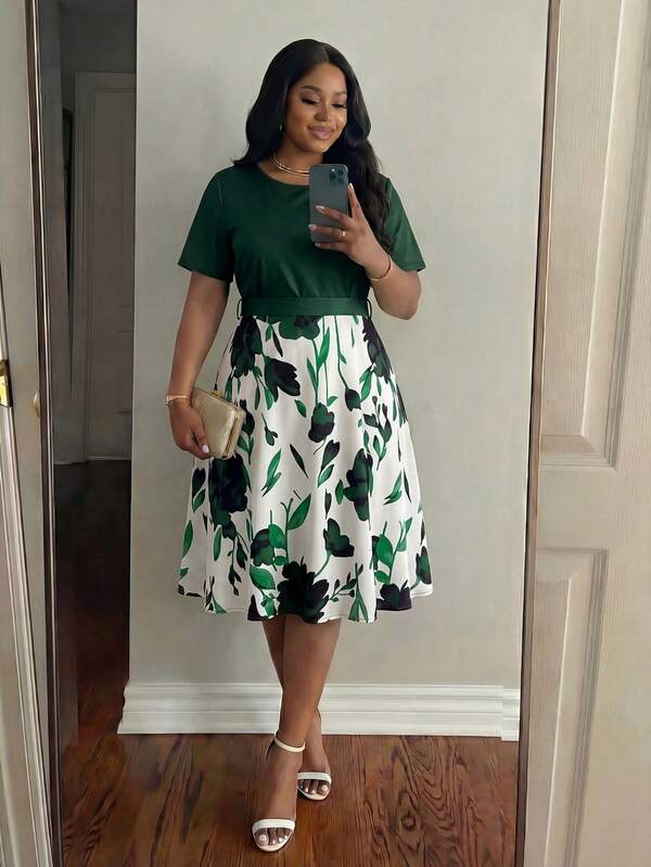 SHEIN Lady Spring And Summer Elegant Commuting Office Casual Boho Colorful Woven Knitted Round Neck Flared Belted Midi Short Sleeve Plus Size Dresses Summer Outfits For Women Summer Dresses For Women Office Outfits For Women Vacation Dress Women Clothing Summer Summer Dress Spring Dress   Vacation Outfits Women Floral Dresses For Women