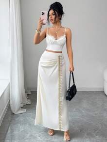 SHEIN Elenzya 2026新款女士优雅缎面高腰褶皱荷叶边开衩长裙，适合20-35岁以上女性，假日及日常百搭，春夏款 - 杏色 - 查看 5