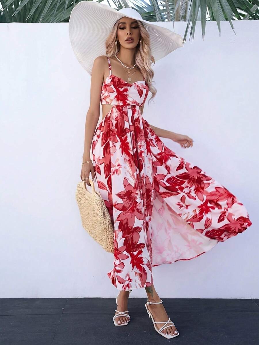 Aveloria Modichic Floral Print Cut Out Waist Split Thigh Cami Dress Vacation Outfits Woman  - Red - View 1