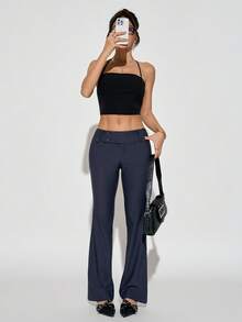 SHEIN PETITE Quần nữ màu trơn, kiểu dáng công sở, thời trang, đa năng, cạp chun, ống rộng, có túi, thích hợp cho đi làm, văn phòng, mùa xuân và mùa hè. - Màu xám đen - Xem 8