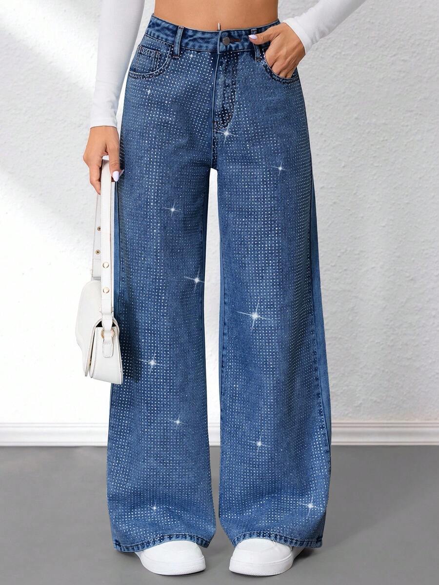 SHEIN Tall Women's Rhinestone Pocket Wide Leg Loose Casual Versatile Jeans - Medium Wash - View 1