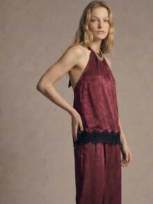 Maija Women's Contrast Lace Pleated Halter Top And Pants Fashion 2 Pieces Set - Burgundy - View 3