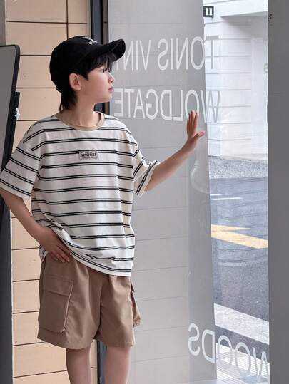 男童休闲拼接撞色圆领条纹针织宽松T恤