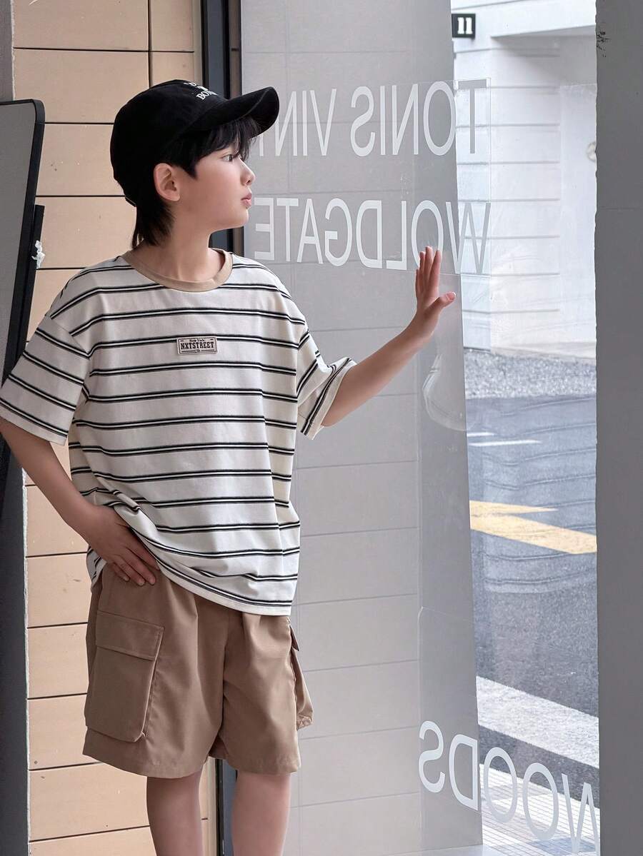 男童休闲拼接撞色圆领条纹针织宽松T恤 - 白色 - 查看 1