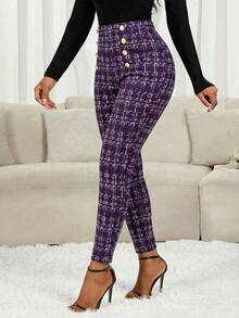 SHEIN Lady Women's Plaid Metal Button Design Skinny Elegant Leggings - Mauve Purple - View 8