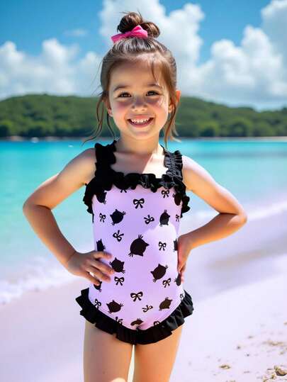 1pc Girls' Cute Black Cat Bow Decor Frill One-Piece Swimsuit, Suitable For Beach, Pool, Seaside, Surfing, Vacation, Summer Travel