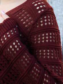 SILVIA DI SANTO 1 Stück Damen lässige einfarbige Strickjacke mit Hohlmuster, geeignet für den Urlaub, Langarm Oberteil - Bordeaux - Übersicht 4