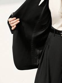 SHEIN Stylify Women's Tweed Composite Fabric Blazer With Lining, Notched Collar, Side Pockets, Padded Shoulders, Contrast Stitching, Long Sleeves With Slit Cuffs, Oversized Relaxed Fit, Black, Sophisticated Elegant French Vintage Style, Suitable For Commute, Business, Vacation, Casual, Party, Christmas, Thanksgiving, Afternoon Tea, New Year, Autumn/Winter