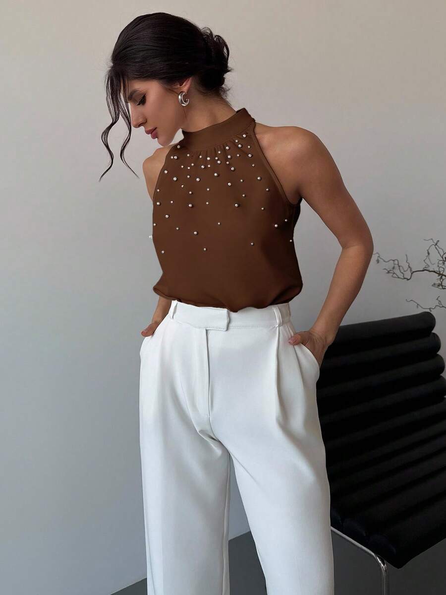Firerie Elegant Sleeveless Collared Pearl Decor Fitted Blouse, Minimalist Style For Work, Spring/Summer - Coffee Brown - View 1