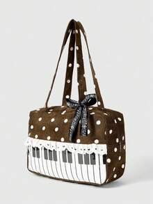 ROMWE Anime 1 pieza Bolso de mano de mujer con estampado de lunares, parche de corazón con lazo, estilo pop art. Bolso de hombro transparente de segunda generación con notas musicales, adecuado para compras, campus - Óxido marrón - Ver 3