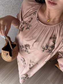 DAZY Elegant Bamboo Pattern All-Over Print Pleated Design Loose Women Nightgown - Pink - View 1