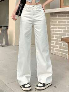 DAZY Calça Denim Coreana Casual de Perna Larga Solta com Bolso, Cor Sólida - Branco - Visão 3