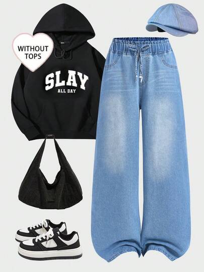 SHEIN ChillGRL Teen Girls' Loose Straight Leg Jeans, Faux Drawstring Waist Design, Casual Washed Blue Distressed, Simple & Fashionable Baggy Jeans Y2k Baggy Outfits