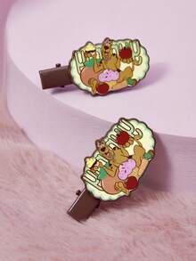 SCOOBY-DOO X SHEIN A Pair Of Cute Brown Oval Hairpins - Green - View 2