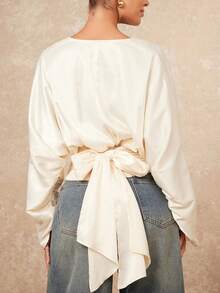 Lumalex VITNOSIvory Draped V-Neck Crop Top With Voluminous Long Sleeves, Soft Gathered Waist, Adjustable Wrap Tie Back & Fluid Satin-Like Finish Top, Spring/Summer, New Year Glamour, Wedding Season, Wedding Guest Outfits, Vacation Holiday Season Special Outfits, Party Outfits, Elegant Dress For Parties, Spring Dresses For Women, Formal Dress, Glamour Elegant Dress, ID Al-Adha, New Style Women, Luxury Dresses, Prom Gathering Party Banquet Modest Old Money Coquette Holiday Party Rave Festival Outing Vacation Hot Outdoor Richly Layered Wedding Season Banquet Christmas New Year Looks Of Party Valentine's Day Dress, Party Guidelines - Apricot - View 2