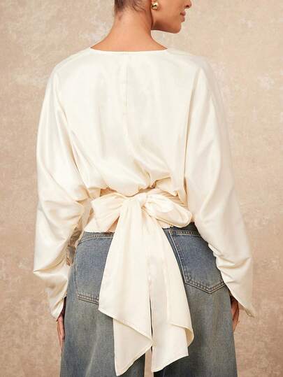 Lumalex VITNOSIvory Draped V-Neck Crop Top With Voluminous Long Sleeves, Soft Gathered Waist, Adjustable Wrap Tie Back & Fluid Satin-Like Finish Top, Spring/Summer, New Year Glamour, Wedding Season, Wedding Guest Outfits, Vacation Holiday Season Special Outfits, Party Outfits, Elegant Dress For Parties,  Spring Dresses For Women, Formal Dress, Glamour Elegant Dress, ID Al-Adha,  New Style Women, Luxury Dresses, Prom Gathering Party Banquet Modest Old Money Coquette Holiday Party Rave Festival Outing Vacation Hot Outdoor Richly Layered Wedding Season Banquet Christmas New Year Looks Of Party Valentine's Day Dress, Party Guidelines