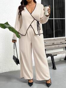 SHEIN Frenchy Casual Multicolor V Neck Wrap Blouse And Long Wide Leg Pants Set For Women Woven Fabric Co-Ords - Multicolor - View 7