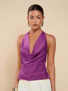 COSMINA Áo hai dây cổ yếm hở lưng màu trơn dành cho nữ, kiểu dáng gợi cảm. - Màu tím - Xem 4
