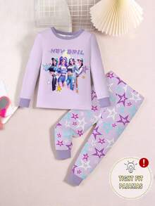 2件套幼儿女童紫色卡通印花圆领上衣和彩色星星印花长裤睡衣套装，针织弹力面料，长袖长裤 - 淡紫色 - 查看 4