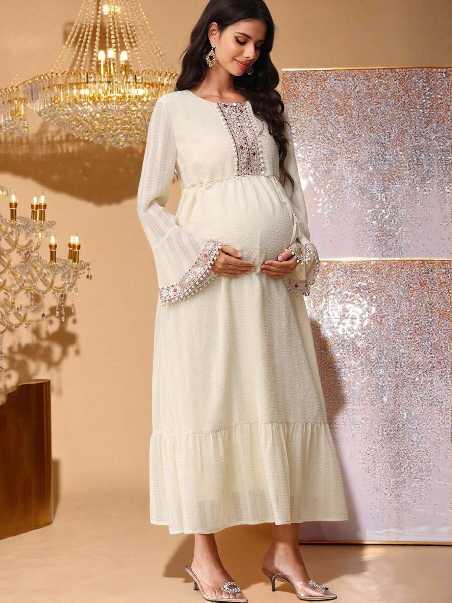 SHEIN Đầm xòe tay bồng thanh lịch dành cho bà bầu, điểm nhấn là dải ruy băng và cổ tròn. - Màu Khaki - Xem 1