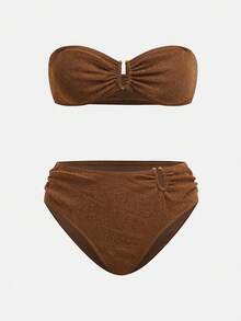 Maija Conjunto de Maiô Bikini Sexy com Bandô Franzido de Cor Sólida para Mulheres - Castanho - Visão 6