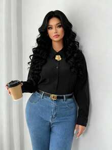 Elenzga Blusa básica y versátil de manga larga, de un solo pecho, de unicolor, para mujer de talla grande, para uso casual y laboral - Negro - Ver 7