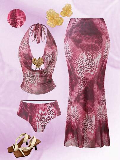 Swim Oasis Plus Size Dam Bikiniset Med Metalldekoration Halter Tie Sexigt Med Lös Crop Top Och Minikjol, Semester