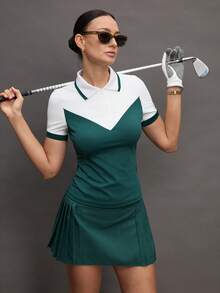 Activina 女士休闲拼接短袖Polo衫，适合日常穿着和户外活动 - 墨綠色 - 查看 2