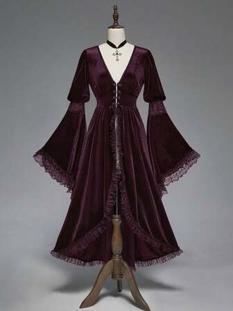 Goth Gotischer eleganter Palast-Stil tiefer V-Ausschnitt, hoher Schlitz, Oversized Glockenärmel, Spitzen- und Samt-Patchwork, anliegende Jacke