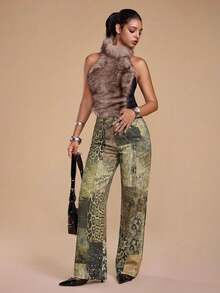 ROMWE Grunge Punk 复古Y2K性感动物纹嬉皮图案修身直筒女式牛仔裤 - 彩色 - 查看 8