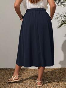 SHEIN PETITE CURVE Plus Size Solid Color Elastic Waist Swing Loose Summer Fashion All-Match Skirt - Navy Blue - View 2