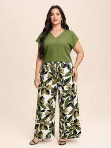 SHEIN LUNE 女士V领纯色休闲上衣和裤子套装 夏季女装度假装 - 軍綠色 - 查看 5
