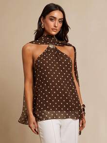 Silquee 女士吊带金属扣波点衬衫，春夏款 - 棕色 - 查看 4