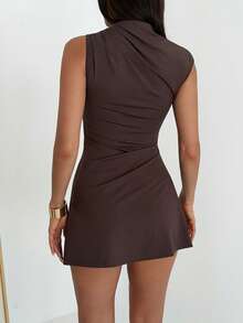Aloruh 女士金属装饰褶皱下摆迷你连衣裙 - 棕色 - 查看 2