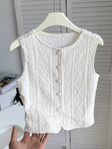 SHEIN Tween Girls' Textured Knit Sleeveless Elegant Versatile Vest Shirt - Apricot - View 4