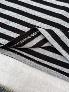 Teen Girls' Black & Gray Striped Crew Neck Contrast Lace Short Sleeve Cropped Waist Ruched Casual Street Tee