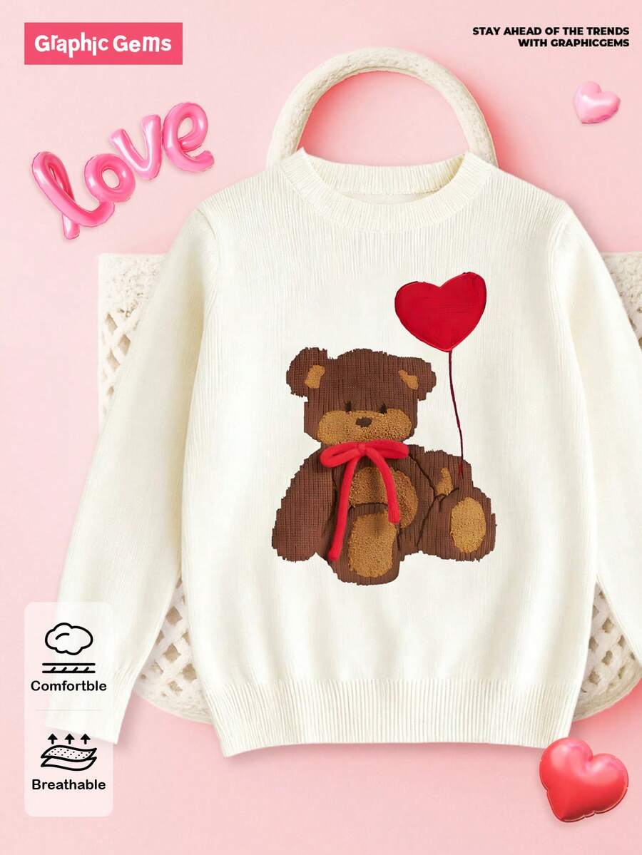 SHEIN GraphicGems 少女休闲简约小熊印花长袖宽松毛衣，适合秋冬季上学、休闲活动穿着 - 白色 - 查看 1