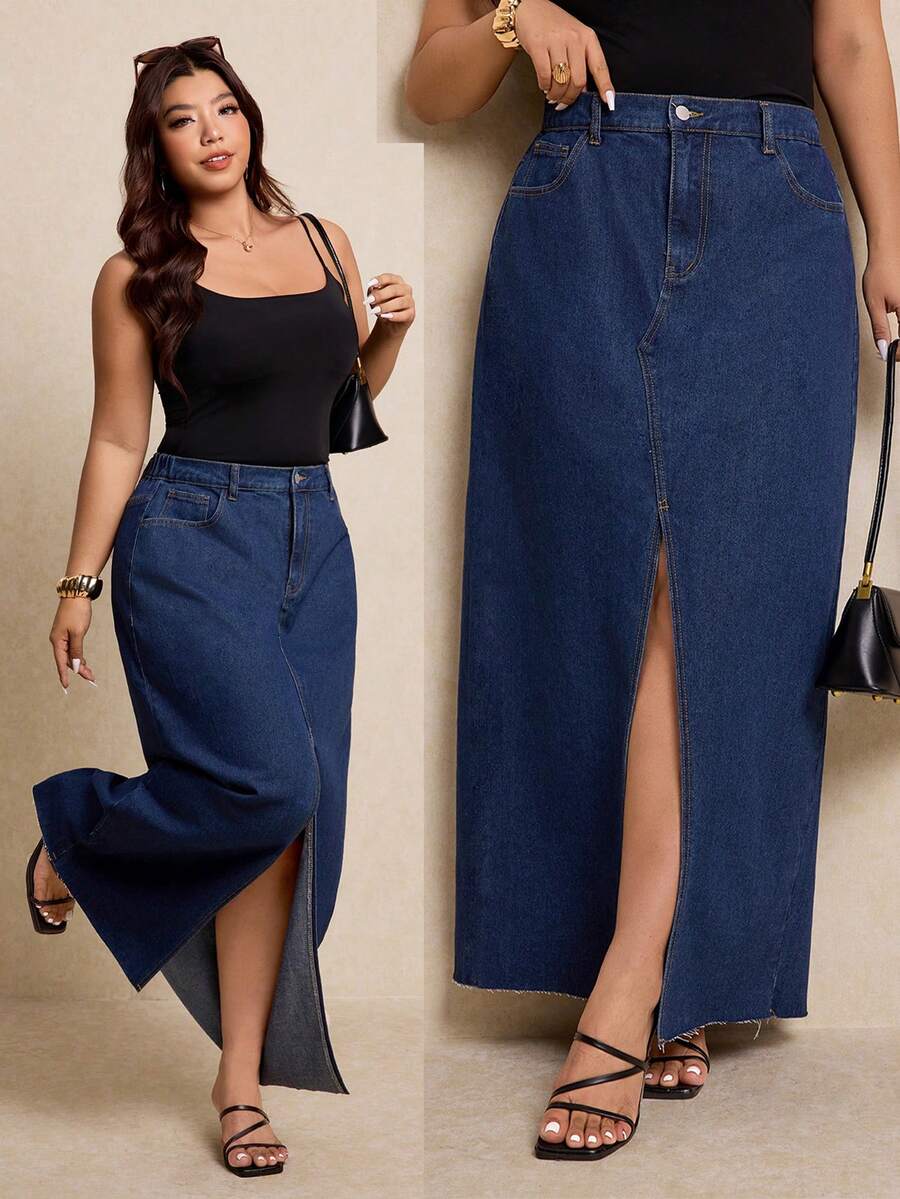Elaquor Plus-Size Raw Denim Mini Skirt, High-Waisted, Long Skirt With Front Slit,Everyday Casual Outfits,Spring Outfit - Dark Wash - View 1