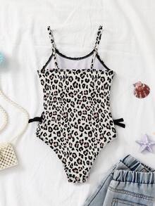 SHEIN 女童针织休闲可爱豹纹圆点蝴蝶结连体泳衣