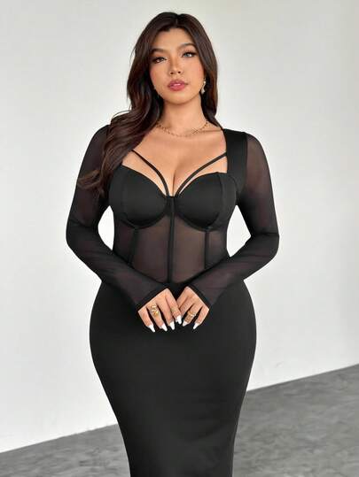 SHEIN Privé Plus Size Women's New Casual Elegant Bodycon Bustier Bra Cup Fishbone Mesh Elastic Slim Patchwork Dress, Alluring Dress Suitable For Parties, Dates, Romantic Nights, Galas Sheer Dress Women Curvy Dress Sexy Curve Dress