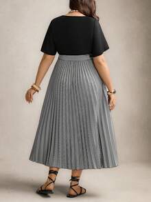 Zelara SHEINLUNE Plus Size Women's Rainbow Pleated V-Neck Lantern Sleeve Tie-Waist Dress Graduation Elegant Women Dress Wedding Guest Dress Women Vacation Outfits Woman Modest Beach Outfits For Glamorous Woman Festival Sundress Birthday Dresses For Women Pride Day - Multicolor - View 2