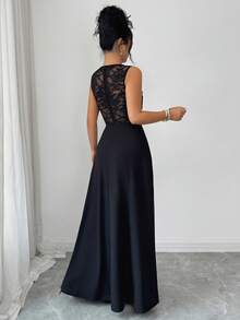 Elenzga Women's Elegant Romantic Sexy Party Lace Patchwork Round Neck Twist Waist Flowy Dress - Black - View 2