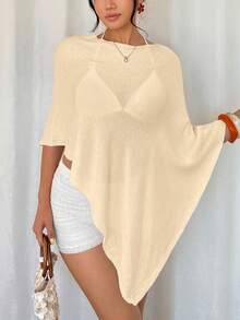 Rafferiza 女士休闲纯色针织不对称宽松薄款毛衣，春夏款 - 杏色 - 查看 5