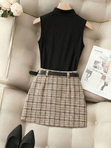 Franclia 法式高领马甲+不对称格纹半裙两件套，女士百搭春夏装 - 彩色 - 查看 2