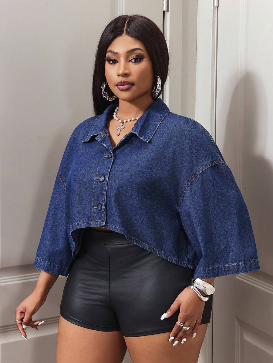 Slaydiva New Versatile Short Sleeve Denim Crop Top - Blue - View 1