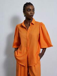 Aveloria Modichic Fashionable Design Sense, Versatile And Stylish Casual Wear, Modern Vacation Wear, A Bright Orange Lapel Puff-Sleeved Cardigan, Loose Pleated Long Pants Set, Ladies' Two-Piece Set - Orange - View 5