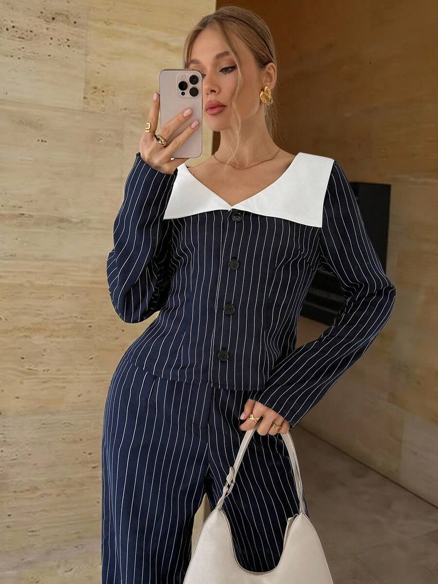 Siren Gaze Ensemble chemise et pantalon rayé bleu marine pour femmes, tenue décontractée et élégante en 2 pièces pour le travail